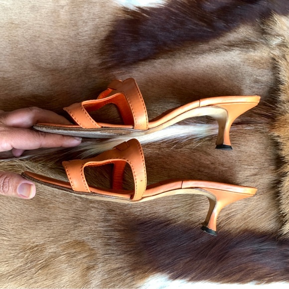 MANOLO BLAHNIK strap leather kitten heels mules orange brown size 36 - Picture 10 of 12